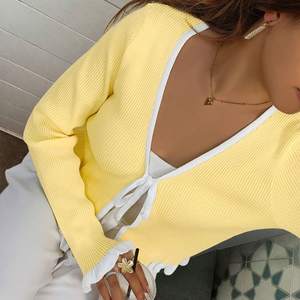 <span class=keywords><strong>Cardigan</strong></span> <span class=keywords><strong>Giallo</strong></span> Popolare con Laccetti Frontali, Stile Vintage, Antirughe, per Autunno, Feste e Occasioni Casual, con Bordo a Balze, Morbido e Caldo, in Maglia - Product Image 1