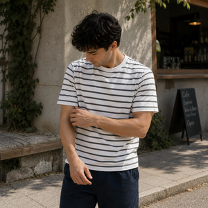 T-shirt rayé à manches courtes pour homme, col rond, coupe classique, décontracté, en coton tricoté respirant - Product Image 3