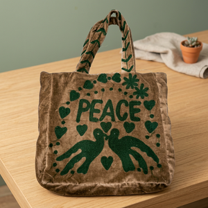 Wholesale Custom Handmade Brown Velvet Tote <b>Bag</b> Featuring Dark Green PEACE Lettering Doves Hearts and Floral Applique Embroidery - Product Image 5