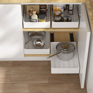 Accessorio Estraibile per Armadietto da Cucina con Cestello in Plastica Senza Foratura, Cassetto Sottolavello per Bottiglie di Spezie, Piatti e Pentole - Product Image 5