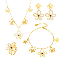Collier, bracelet, bague et boucles d'oreilles tendance en acier inoxydable hypoallergénique avec zircon 5A et onyx noir en forme de fleur, cadeau de bureau/carrière, fête