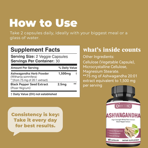 스트레스 해소, 기분 지원, 에너지 및 집중을위한 비건 보충제로 후추 추출물과 OEM 유기농 Ashwagandha 캡슐 - Product Image 4