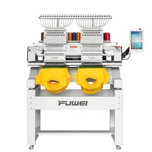 Fuwei-máquina de bordado de agujas de doble/2 cabezales, 12/15 colores, computarizada para sombrero, camiseta, c ap, máquina plana, diseños bordados