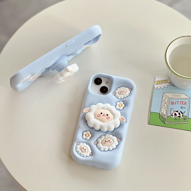 Cute Animal 3D Stereoscopic Sheep Back Cover With Holder Cartoon Silicone Shockproof Phone Case for iphone s 16 15 14 Pro Max