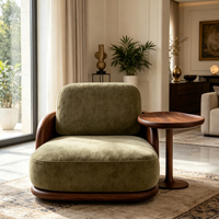 Table d'appoint intégrée en fibre de verre à grain de bois, chaise longue individuelle avec revêtement en daim vert olive pour salon moderne