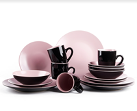 Ensemble de 16 pièces de vaisselle en grès émaillé couleur rose moderne, comprenant des bols de cuisine, des assiettes et des tasses à café en céramique, populaire et très vendu