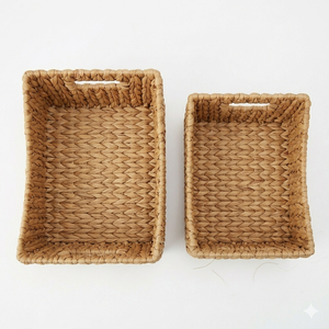 Natural Water Hyacinth <b>Storage</b> Basket Handmade Woven <b>Shelf</b> Organizer Bin With Built In Handles For Cozy Boho Home Decoration - Product Image 4