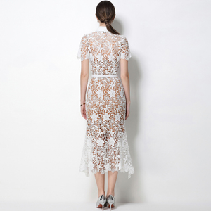 Elegante Vestido Midi de Mujer, Color Sólido, Manga Corta, Cintura Natural, Corte <span class=keywords><strong>Sirena</strong></span> con Encaje - Product Image 4