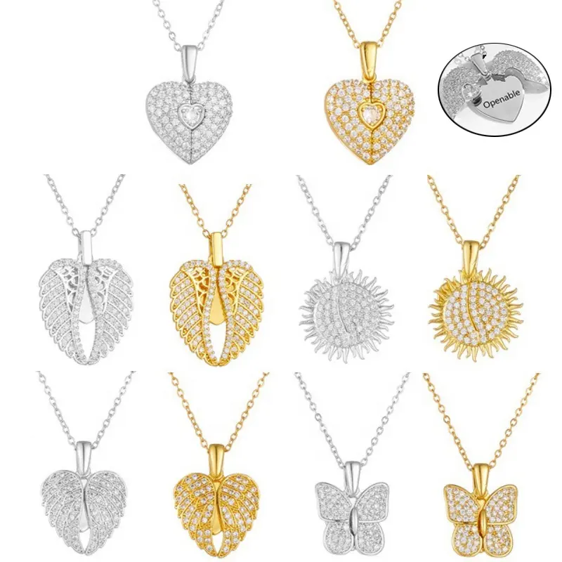 Exquis Moissanite Cubic Zirconia Angel Wings Heart Butterfly Open Locket Collier en acier inoxydable plaqué or