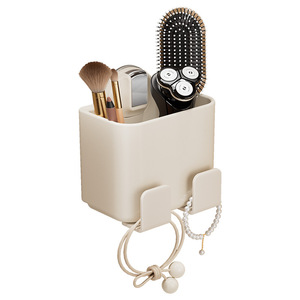 Wall Mounted Storage <b>Bin</b> With Hooks For Bathroom Toothbrush Toothpaste Razor And Jewelry Organizer <b>Rectangle</b> Punch Free Design - Product Image 5