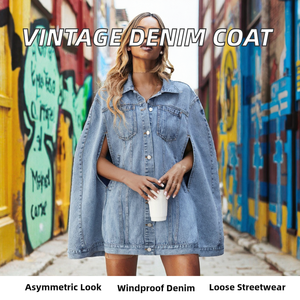 Single Breasted <b>Cape</b> Denim Coat <b>Women</b> Spring Fall Fashion Vintage Pockets Loose for Wash Casual Streetwear - Product Image 2