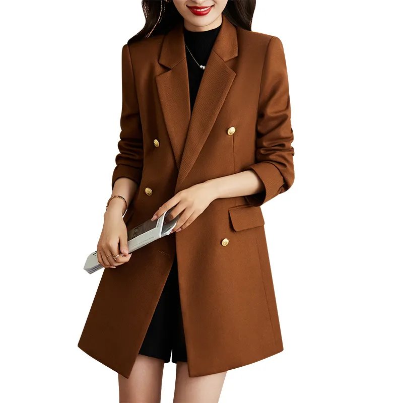 Dealer Mantel Panjang Coklat dengan Saku untuk Wanita Jaket Berkancing Ganda Mode Pakaian Luar Gaya Longgar Blazer