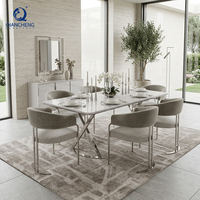 Table à manger en céramique blanche minimaliste avec plateau en pierre frittée, pieds doubles en acier inoxydable argenté, 6 places, vente en gros d'usine