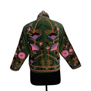 Blouson bomber brodé floral vert pour femme, col montant, coupe classique, doublure en coton - Product Image 2