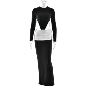 Vestido verde oliva de manga larga con cuello alto, detalle recortado y cintura fruncida para uso nocturno. - Product Image 5