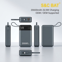 OEM ODM Batterie externe 20000mAh 22.5W PD à charge rapide avec câble Type C intégré, écran LED, chargeur portable, logo personnalisé pour téléphone