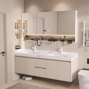 Modern Solid Wood Lacquer Bathroom Vanity <b>Unit</b> with Ceramic Basin Smart Mirror <b>Side</b> Storage Cabinet Combination - Product Image 1