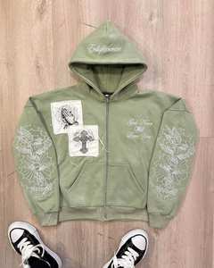 Custom Vintage Acid Wash 500 Gsm <b>Hoodie</b> Oversized Distressed Embroidery Patch <b>Work</b> Fleece French Terry Zip up <b>Hoodie</b> <b>Men</b> - Product Image 3