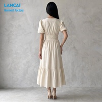 Robe longue décontractée pour femme en coton et lin respirant, col en V sexy, manches courtes lanternes, taille haute, coupe évasée, Fabricant OEM