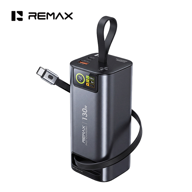 REMAX FP-111 20000mAh Power Bank 130W Fast Charging 70cm Retractable Type-C Cable TFT Display Zinc Alloy Powerbank for Laptop