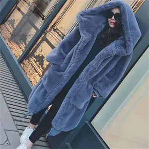 2022best Quality Hot Selling Faux Rex Rabbit Hair Thickened Long Loose Hooded Fur Large Size Coat Maomao Ladies Overcoat Warm