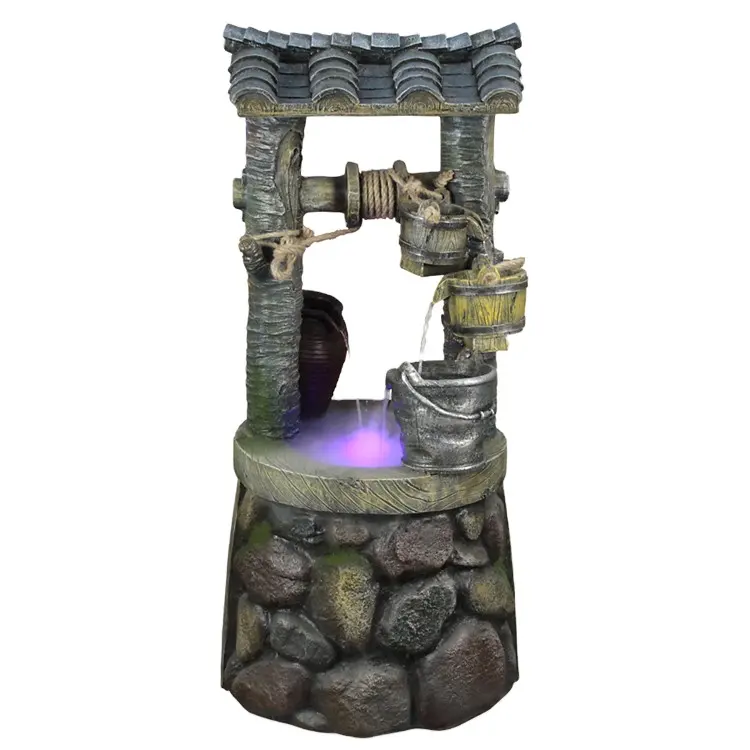 Pedra Rock Well Fountain com LED Accent Iluminação água bem decoração do jardim