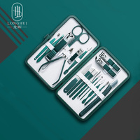 Longhui – Kit de manucure 18-en-1 vert en acier au carbone, comprenant coupe-ongles, outils de soin des pieds, cure-oreilles et rasoir à sourcils