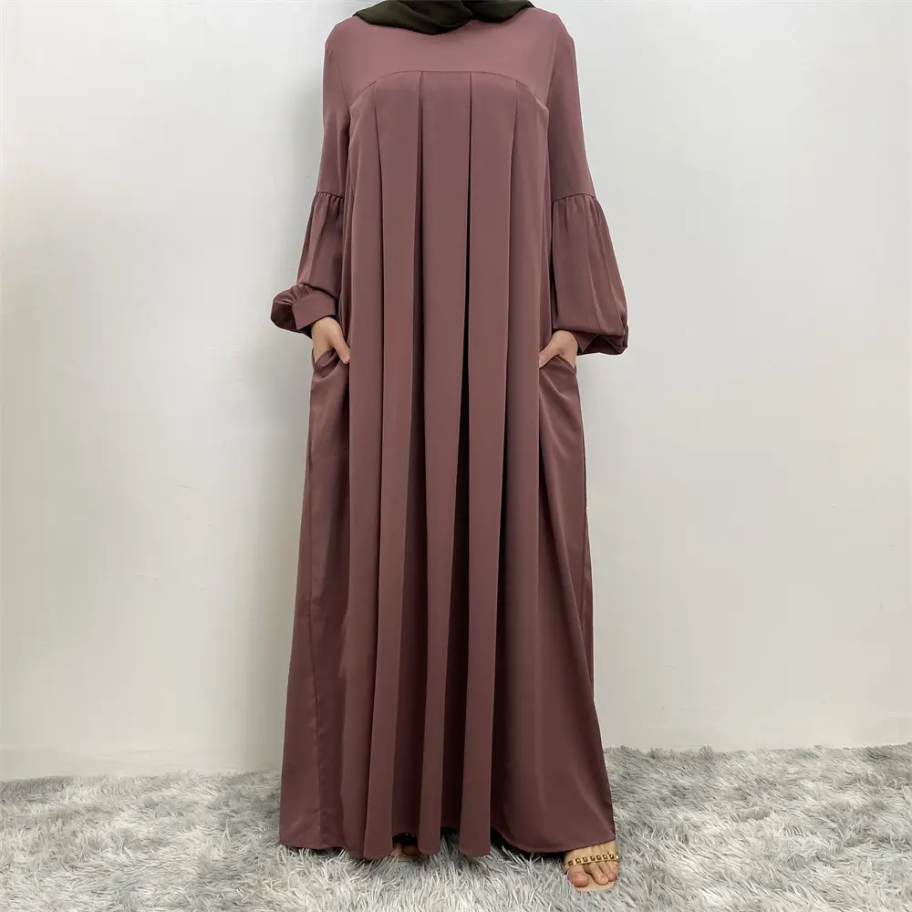 Middle East Dubai Turkey Kaftan round neck side pockets solid color Muslim dress abaya Islamic clothing