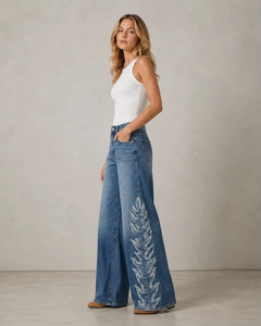 Jeans amples pour femmes en denim délavé moyen <span class=keywords><strong>avec</strong></span> broderie latérale, 100 % coton, vente en gros OEM - Product Image 4