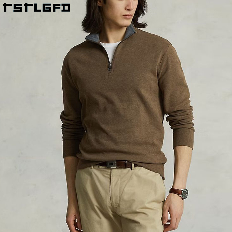 Mens Old Money Luxury Custom Cotton Men's Sweater Jumper Long Sleeve Half Zip Mock Neck Sweater Knitwear Quarter-Zip Pullover