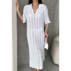 Robe en tricot ajouré à col en V, ample, respirante, décontractée pour tous les jours, blanche - Product Image 3