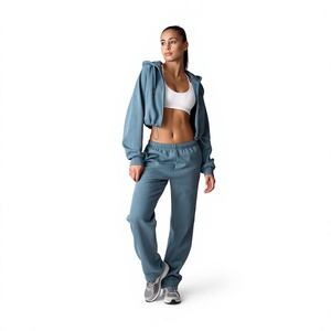 Custom Casual Crop Top Hoodie <b>Set</b> Faded Washed <b>Women's</b> Sweat suit Hoodies Tracksuit <b>Set</b> Acid Wash Distressed Baggy Sweatpants - Product Image 1