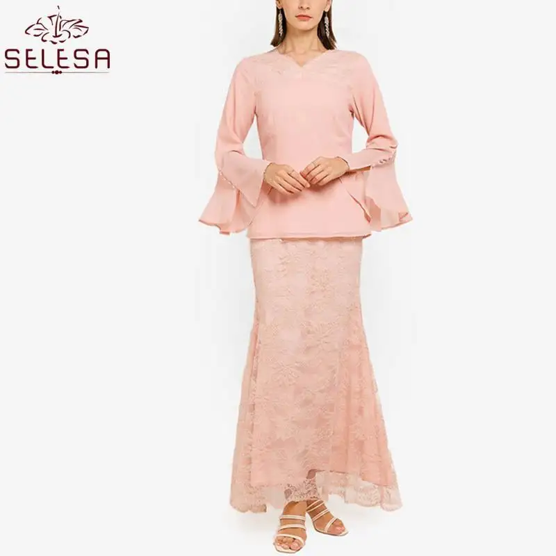 Moderne Malaysia Frauen muslimisches Kleid Kebaya Langarm Baju Kurung