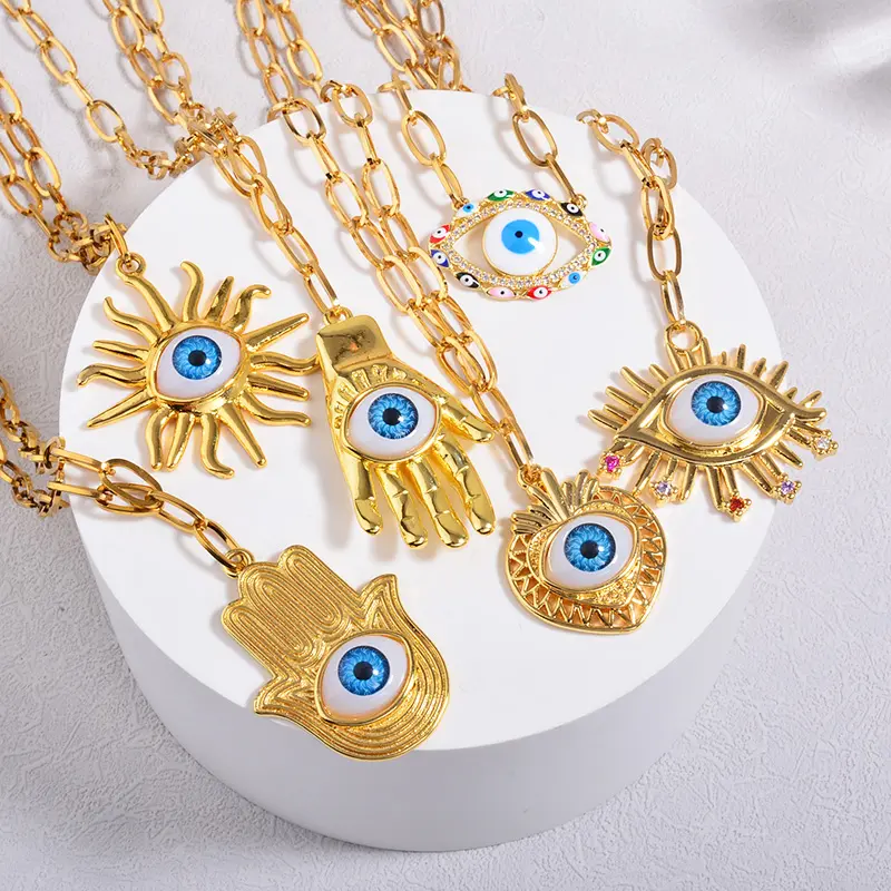 Stainless Steel Paper Clip Fashion Gold Plated 18k Third Evileye Stone Turkey Blue Evils Eye Charm Choker Pendant Necklace