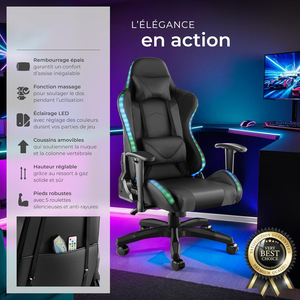 Chaise <span class=keywords><strong>de</strong></span> <span class=keywords><strong>bureau</strong></span> <span class=keywords><strong>de</strong></span> jeu DDP Anji avec design ergonomique, rembourrage épais <span class=keywords><strong>de</strong></span> 100 mm, fonction <span class=keywords><strong>de</strong></span> massage et éclairage LED, chaise pivotante - Product Image 2