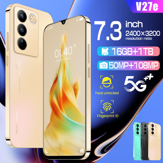 V27e Android 13 Dual SIM Card 5G Smart Mobile Phone 7.3-inch HD Screen 6800mAh Battery 16GB+1TB