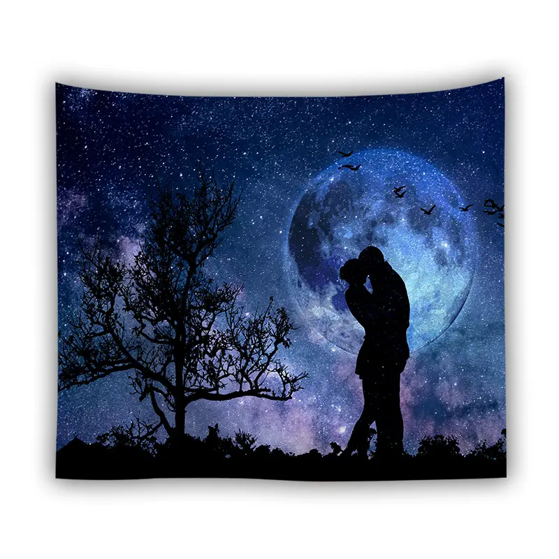 Psychedelic Galaxy Starry Sky Tapestry Moon Universe Space Nebula Wall Hanging Cloth Romantic Couple Lover Embraced Tapestry