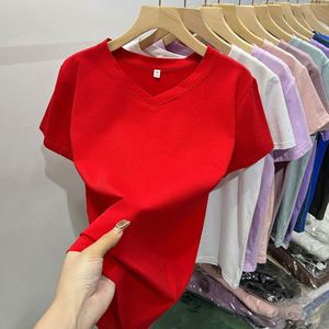 2024 Summer High Quality Tees Customized Logo Cotton Casual Wear Short Sleeve V Neck Solid Shirt for Women - Product Image 1