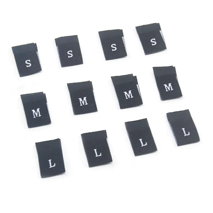 Özel toptan konfeksiyon etiket dokuma etiketleri siyah giyim t shirt numarası giyim S M L XL kumaş etiketi boyutları etiketleri boyut etiketi