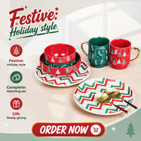 Service de table en céramique de Noël, motif chevron rouge et vert, assiette, tasse, bol en porcelaine avec poignée dorée pour la maison et les fêtes