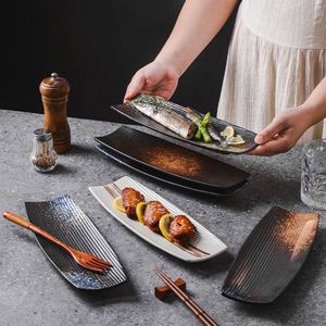 Rectangular <b>Ceramic</b> Sushi Sashimi <b>Plate</b> Japanese Restaurant Cuisine <b>Plate</b> Stripe Pattern Sushi Snack Dessert Serving Tray - Product Image 1