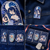 Ensemble de pin's en émail dur personnalisés, motif Fille Anime 'Lune Éclairée', Onde Lune Nuit Étoilée, en métal plaqué argent, pour revers