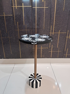 Modern Round Decorative <b>Side</b> <b>Table</b> with Patterned Wooden <b>Top</b> Metal Pedestal Geometric Base Contemporary Accent Furniture - Product Image 6