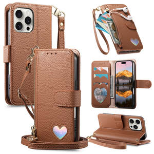 Funda de Teléfono con Diseño de Corazón Láser, Cierre Magnético de Cuero PU con Cremallera, Cordón Largo Colgante, Color Puro, Ranura para Tarjetas - Product Image 4