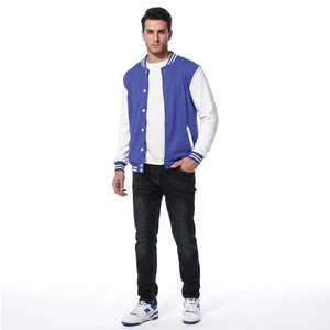 <b>Mens</b> Blue and <b>White</b> Varsity <b>Jacket</b> Contrast Sleeves Stand Collar Cuffs Hem Zipper Front Casual Outerwear Waterproof Knitted - Product Image 1
