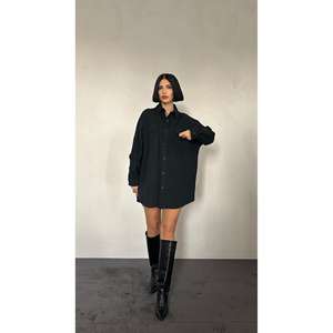 Camisa Negra Estilo Boyfriend para Mujer, Popelina, Doble Bolsillo, Cierre de Botones, Uso Diario - Product Image 5