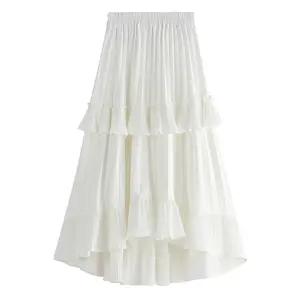 Moda etek kadın Ruffles Patchwork basit düzensiz elastik bel A-line Midi etekler rahat kore sokak pilili etek beyaz