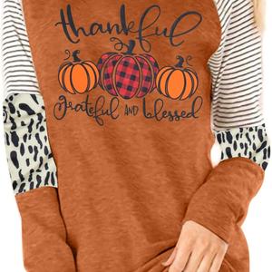 Camiseta de manga larga estampada para mujer Calabaza de otoño y leopardo a rayas en algodón y poliéster Estilo superior 3D - Product Image 6