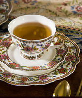 15PCS Set Kopi Bone China Motif Bunga Biru Eropa untuk 6 Orang, Keramik Elegan dengan Lis Emas, Minimalis Modern