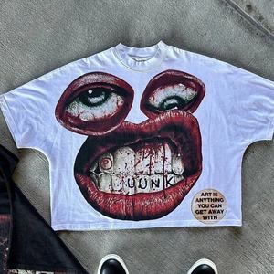 T-shirt personnalisé pour homme, style Y2K, hip-hop, motif de dessin animé avec de grands yeux et une bouche, imprimé, respirant, surdimensionné, manches courtes, pur coton, 220g - Product Image 6